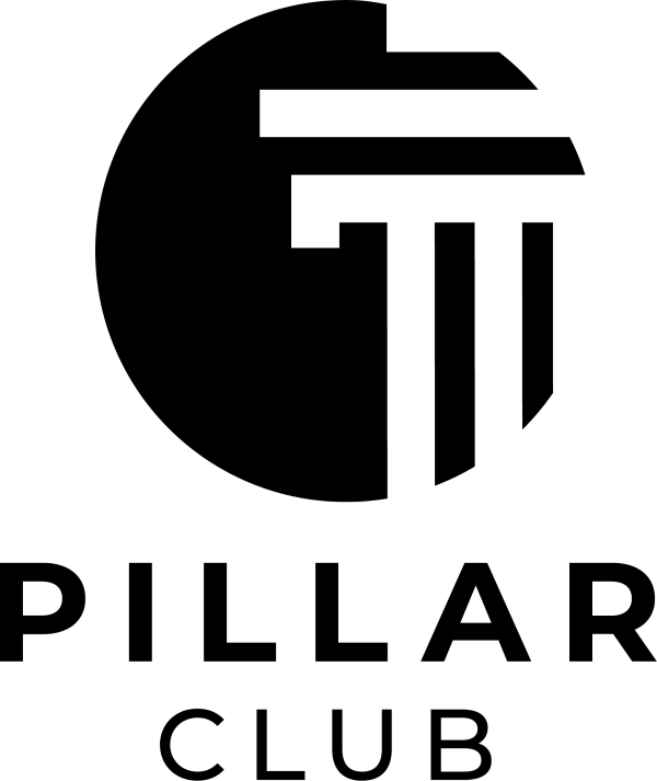 Black circle with a pillar in white and the words Pillar Club below.
